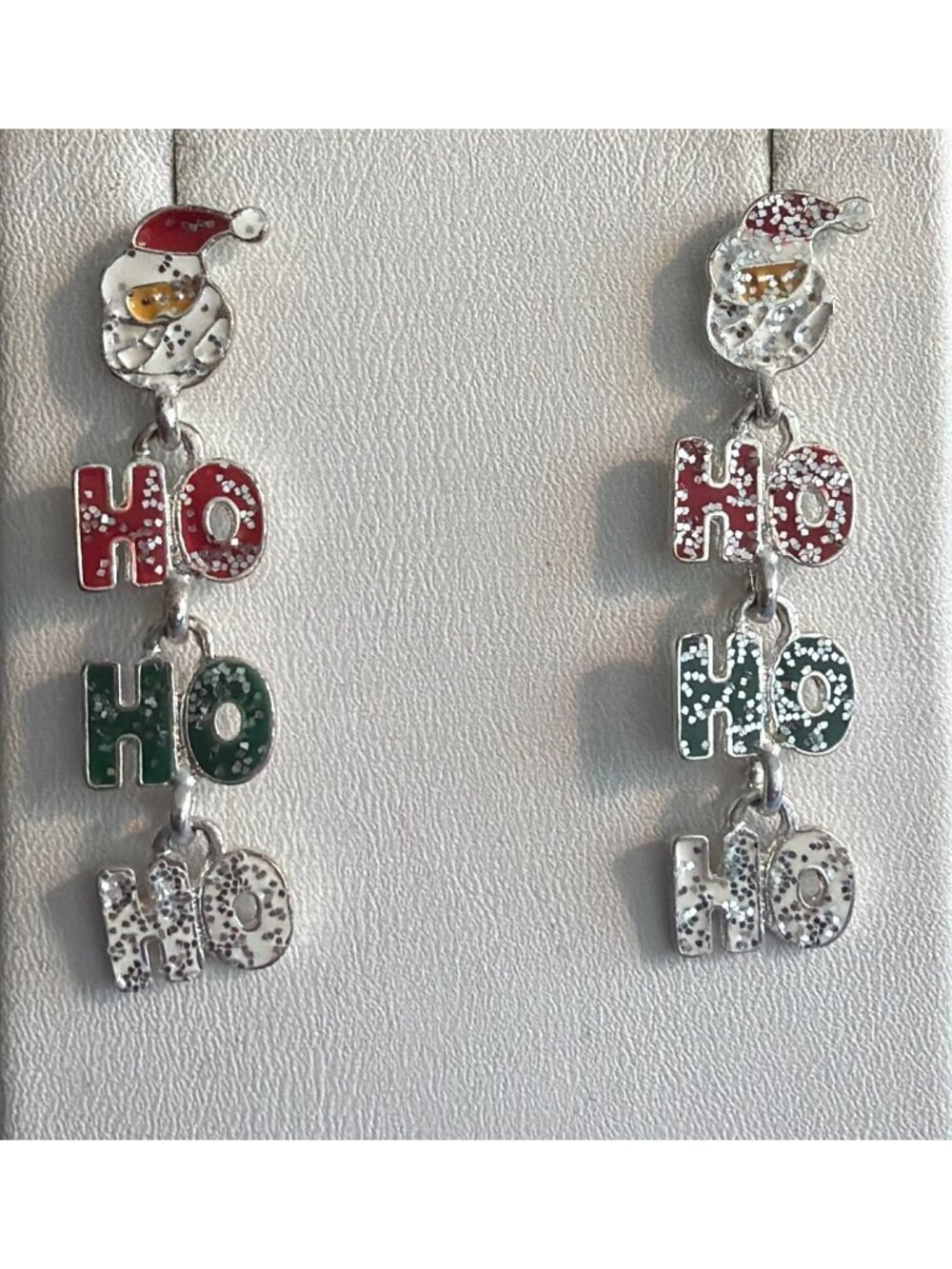Christmas Dangle Earrings Santa Glitter "Ho Ho Ho" Articulated Silver Tone 1.75"